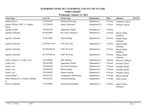 Court Calendar Tulare County